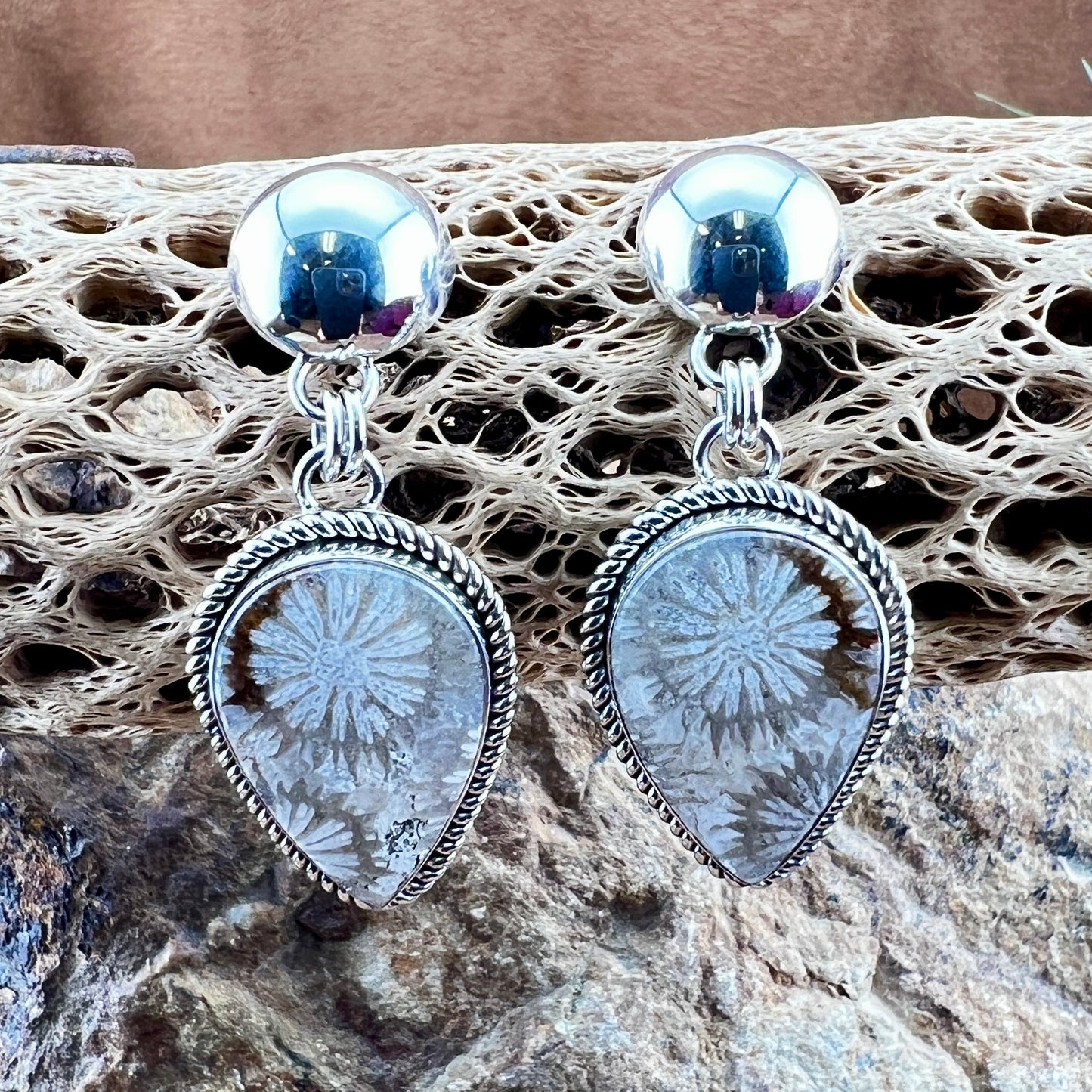 Fossil Coral Sterling Silver Drop Earrings by Artie Yellowhorse