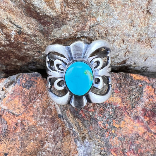 Kingman Turquoise Sterling Silver Ring by Ray Coriz - Size 8