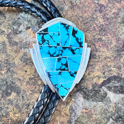 David Rosales Tibetan Turquoise Inlaid Sterling Silver Bolo Tie