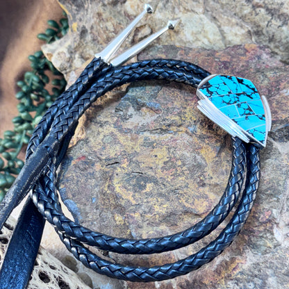 David Rosales Tibetan Turquoise Inlaid Sterling Silver Bolo Tie