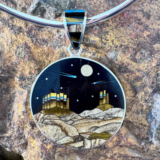 David Rosales Native Light Inlaid Sterling Silver Pendant Two-Sided