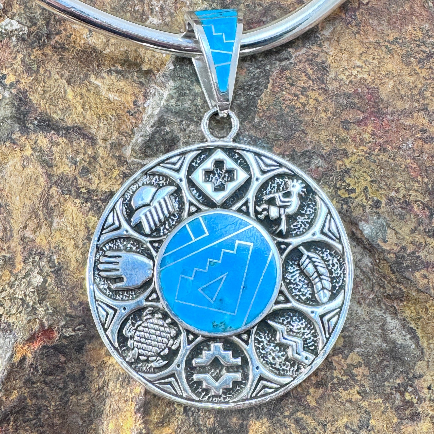 David Rosales Native Light Inlaid Sterling Silver Pendant Two-Sided