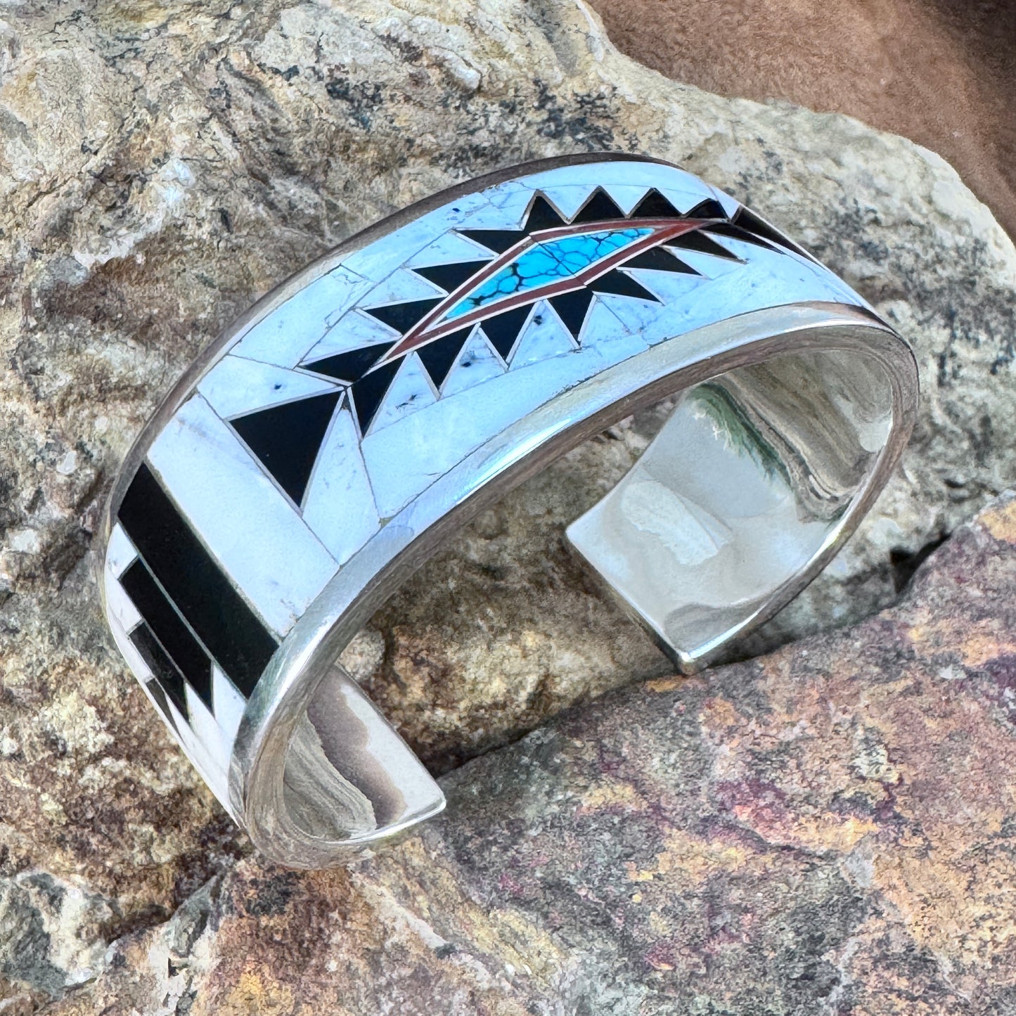David Rosales White Buffalo Inlaid Sterling Silver Bracelet