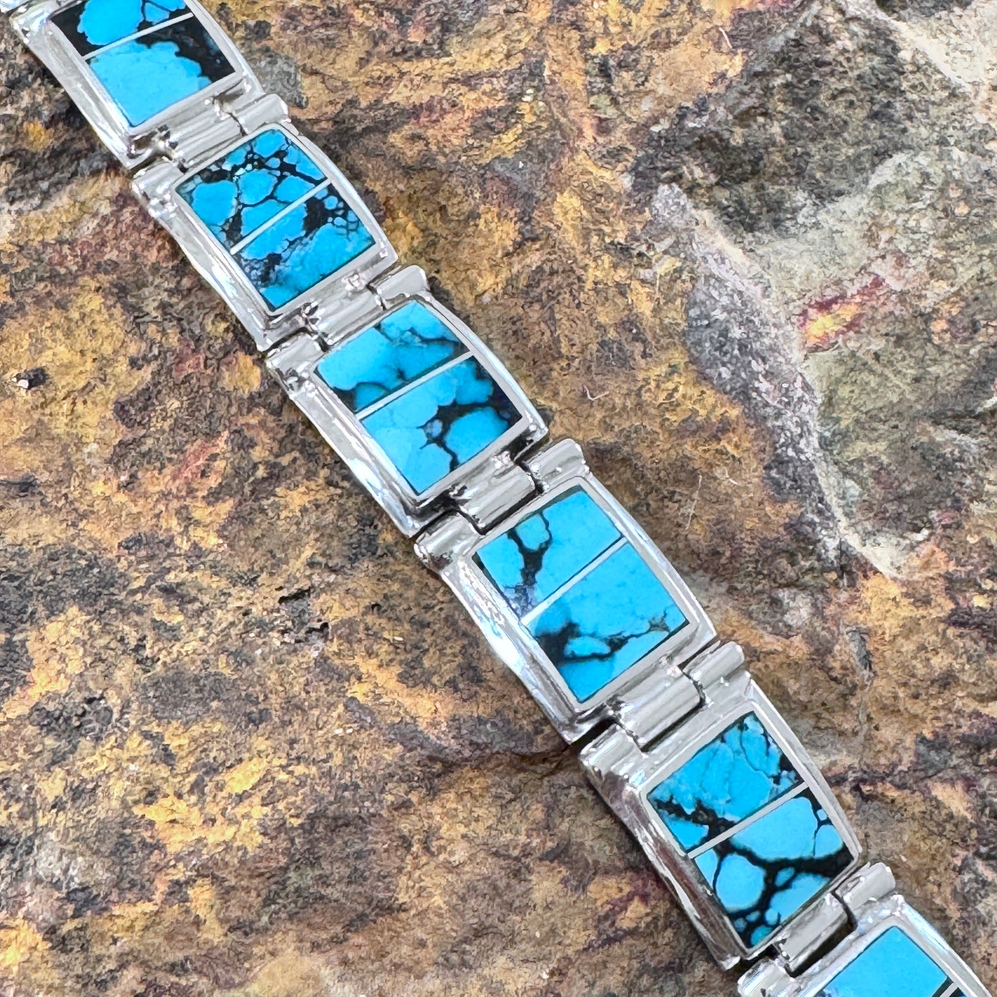 David Rosales Tibetan Turquoise Inlaid Sterling Silver Link Bracelet
