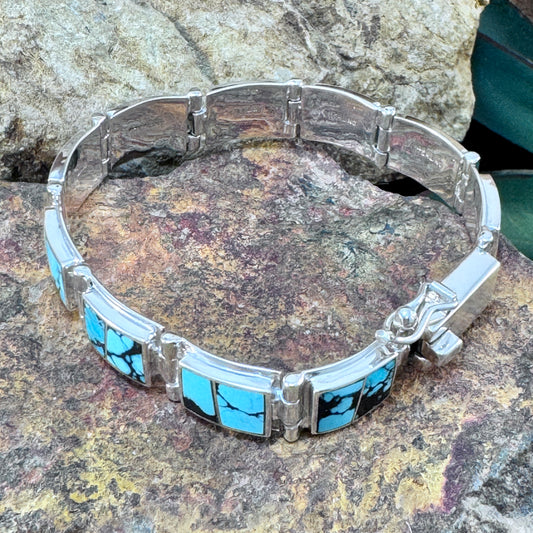 David Rosales Tibetan Turquoise Inlaid Sterling Silver Link Bracelet