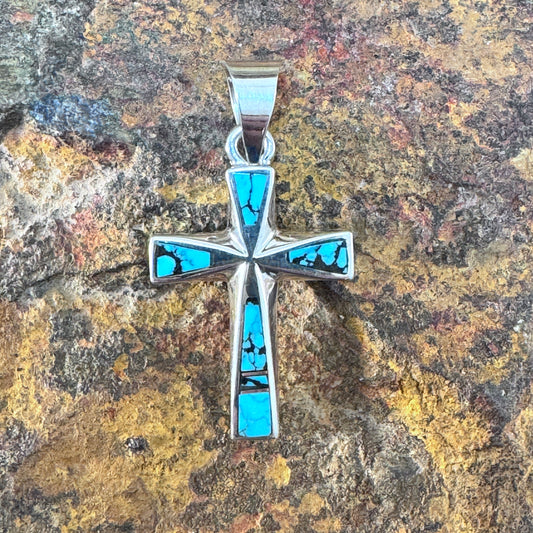 David Rosales Tibetan Turquoise Inlaid Sterling Silver Pendant Cross