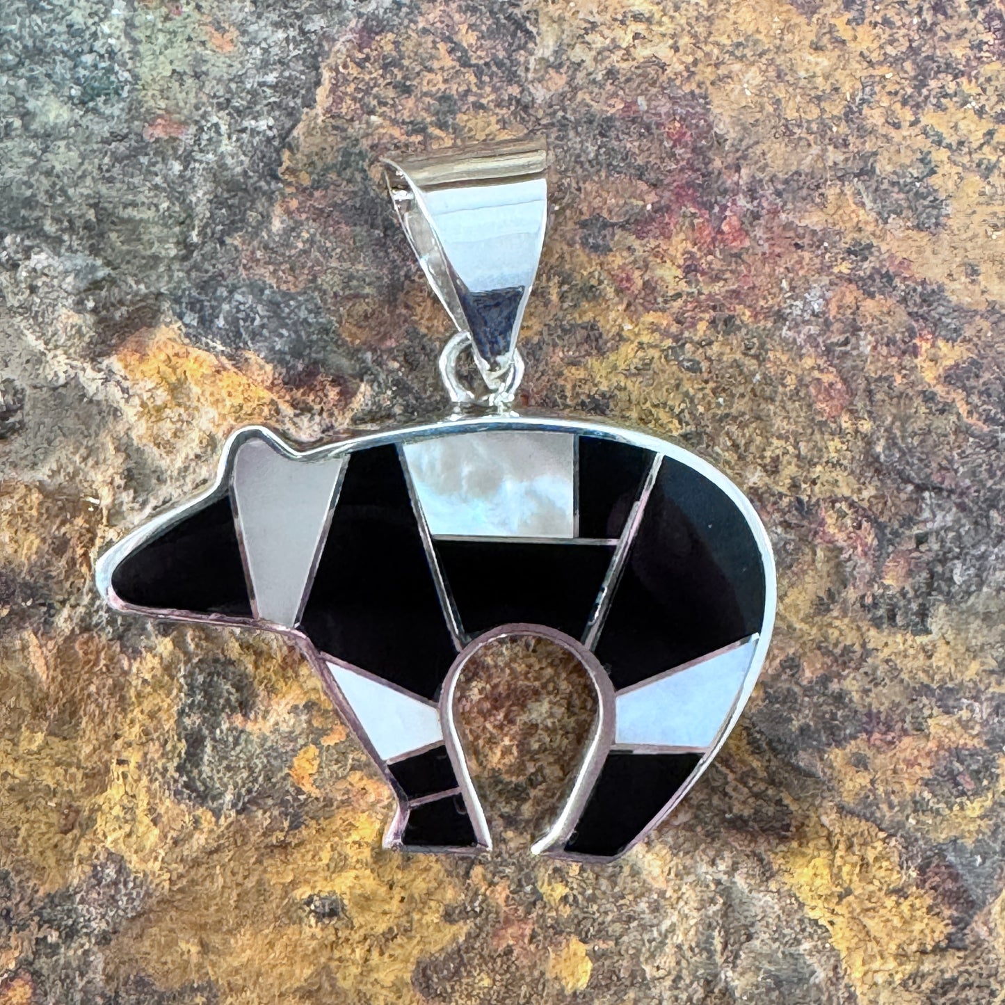 David Rosales Tuxedo Inlaid Sterling Silver Pendant Bear