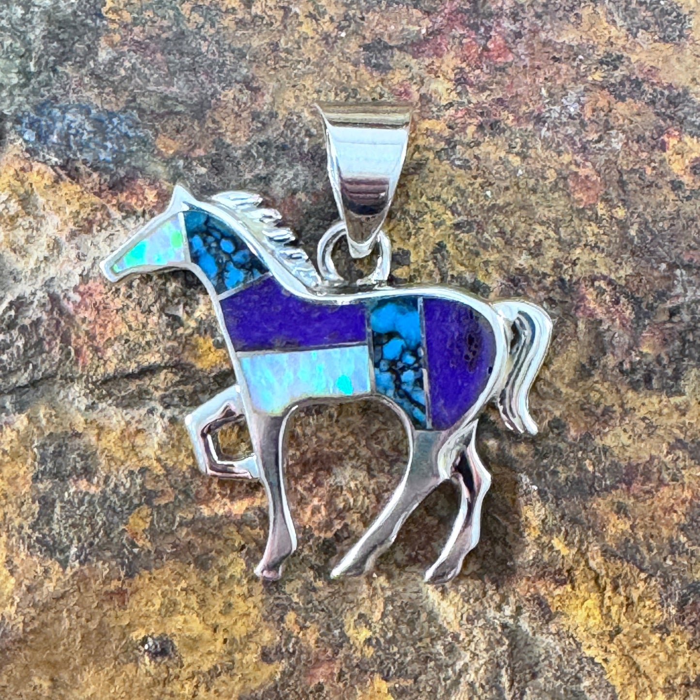 David Rosales Shalako Inlaid Sterling Silver Pendant Horse