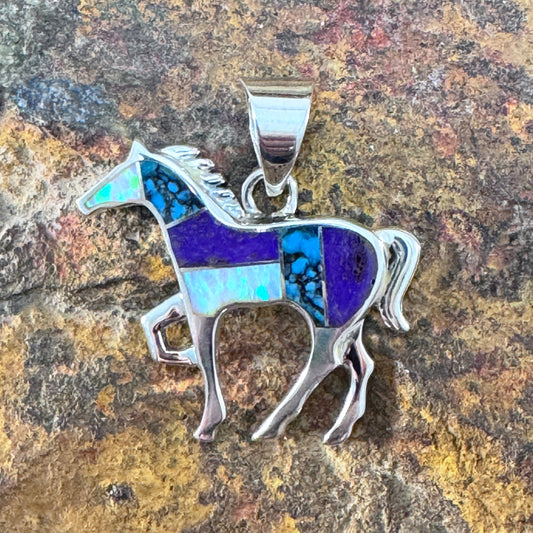 David Rosales Shalako Inlaid Sterling Silver Pendant Horse