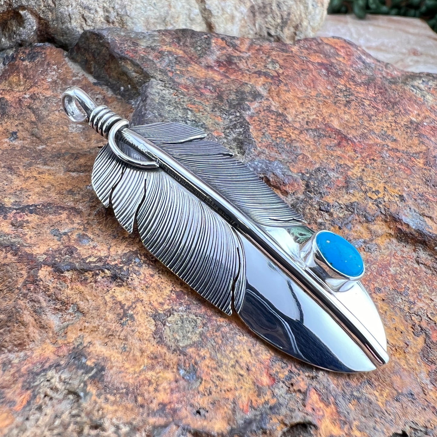 Traditional Sterling Silver Feather Pendant with Kingman Turquoise by Angela Martin