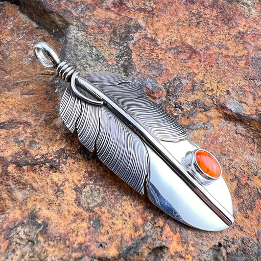 Sterling Silver Feather Pendant with Orange Spiny Oyster Shell by Angela Martin