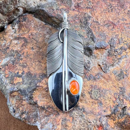 Sterling Silver Feather Pendant with Orange Spiny Oyster Shell by Angela Martin