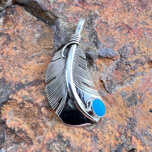 Sterling Silver Feather Pendant with Sleeping Beauty Turquoise by Ray Coriz