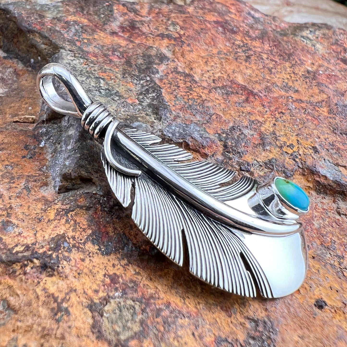 Sterling Silver Feather Pendant with Sonoran Gold Turquoise by Ray Coriz