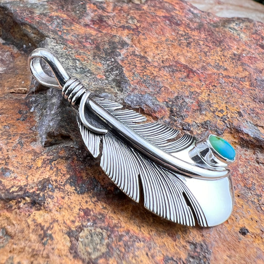 Sterling Silver Feather Pendant with Sonoran Gold Turquoise by Ray Coriz