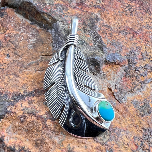 Sterling Silver Feather Pendant with Sonoran Gold Turquoise by Ray Coriz