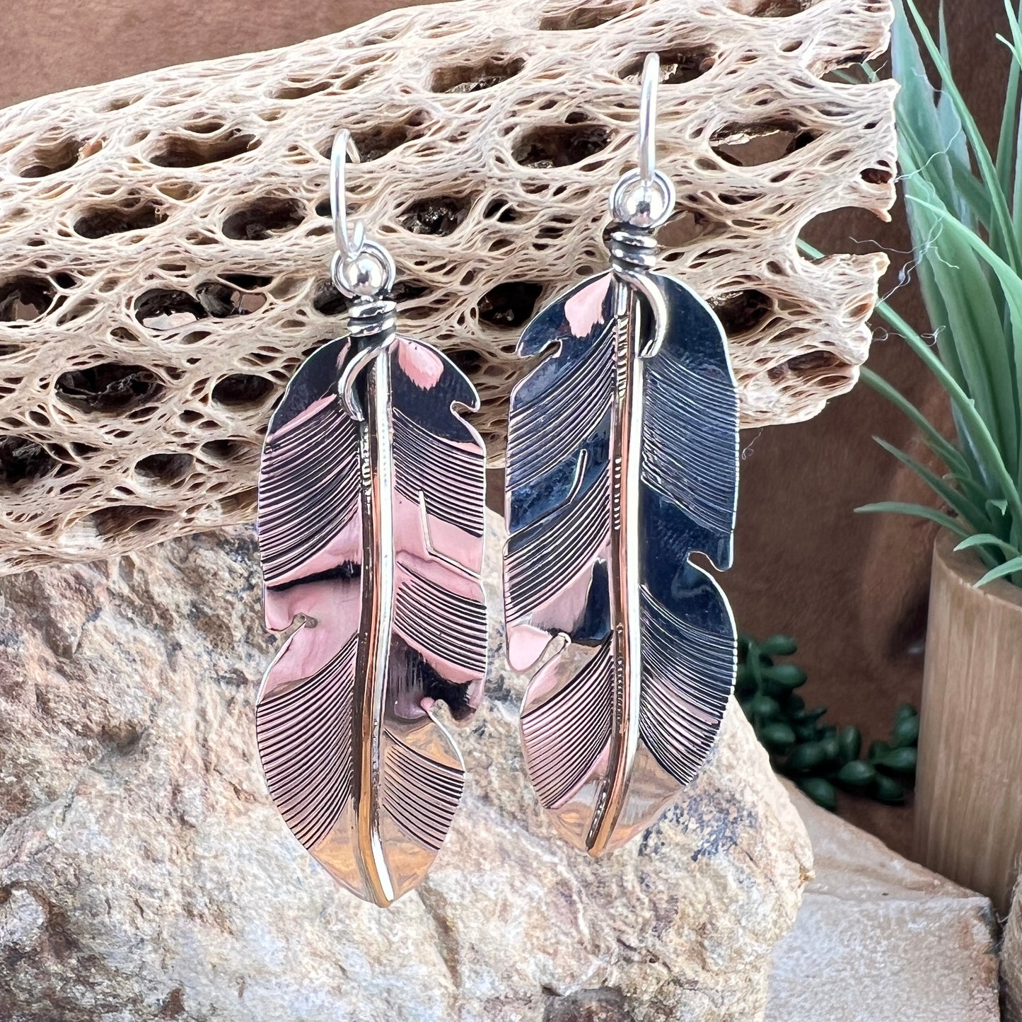 Traditional Sterling Silver Feather Earrings w/ 12K Gold Fill by Lena Platero