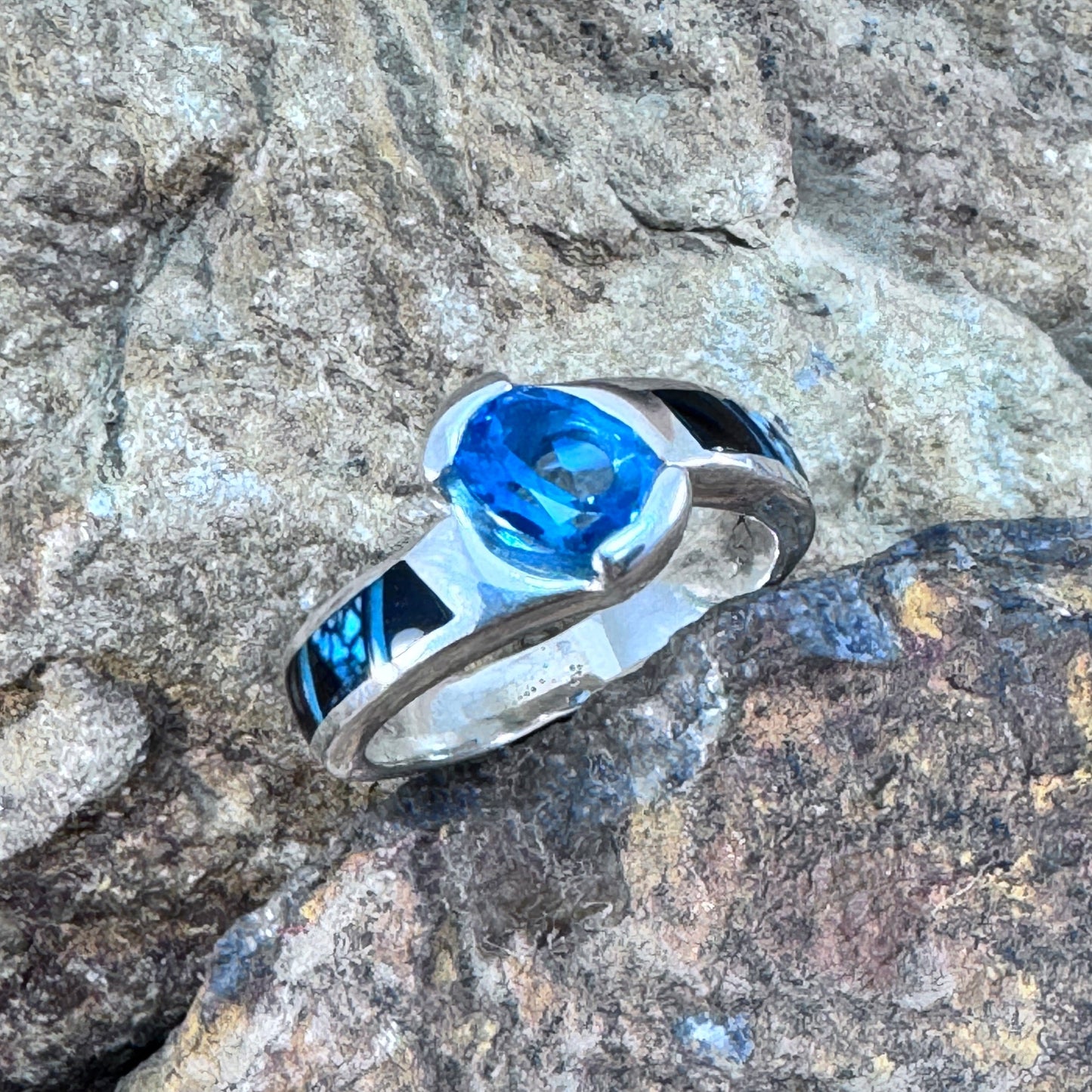 David Rosales Shadow Peak Inlaid Sterling Silver Ring w/ Blue Topaz