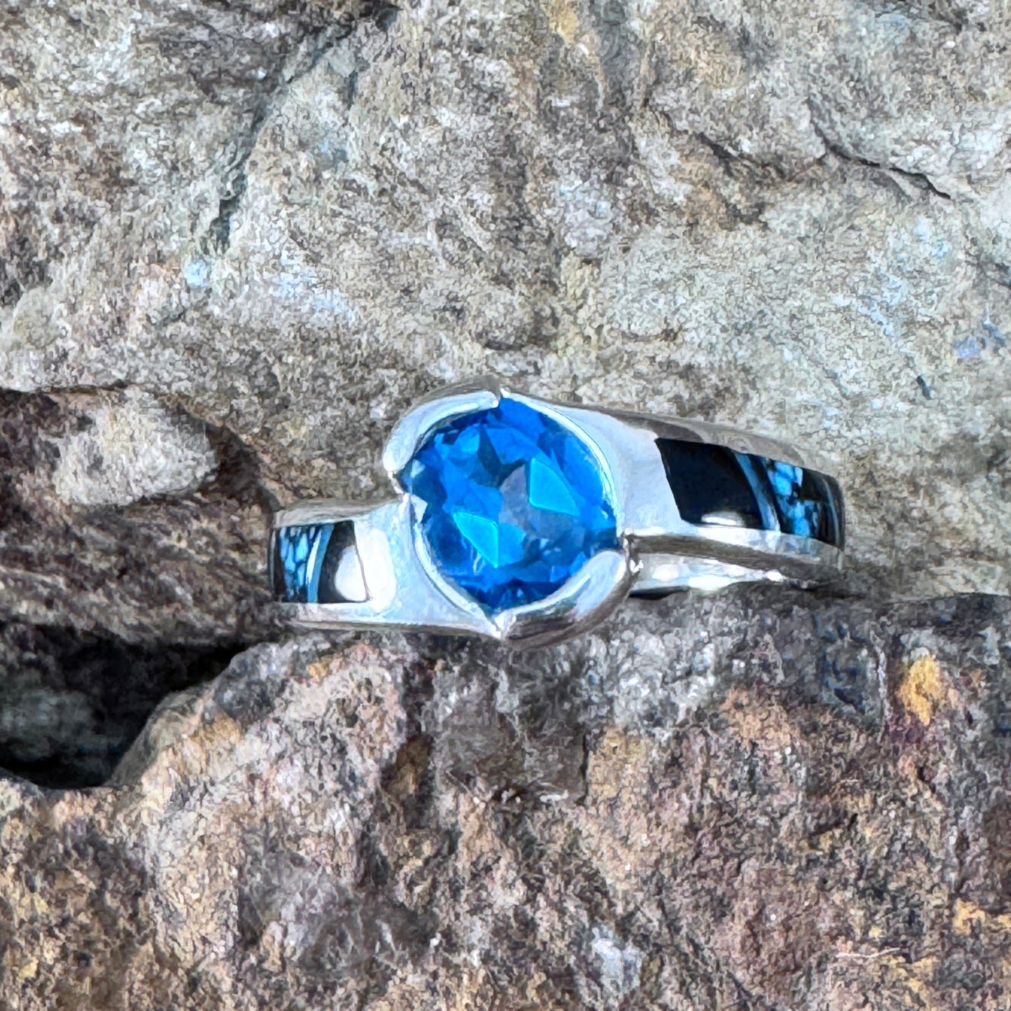 David Rosales Shadow Peak Inlaid Sterling Silver Ring w/ Blue Topaz