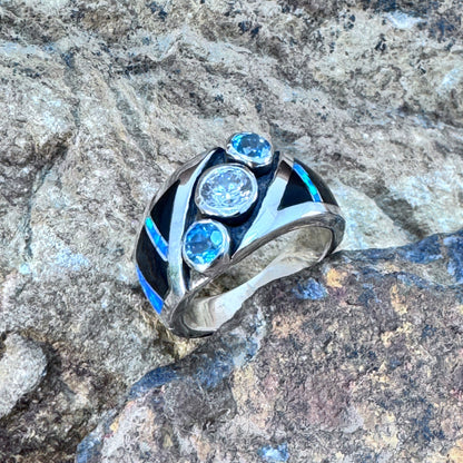David Rosales Black Beauty Inlaid Sterling Silver Ring w/ CZ & Blue Topaz