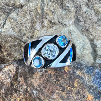 David Rosales Black Beauty Inlaid Sterling Silver Ring w/ CZ & Blue Topaz