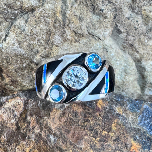 David Rosales Black Beauty Inlaid Sterling Silver Ring w/ CZ & Blue Topaz