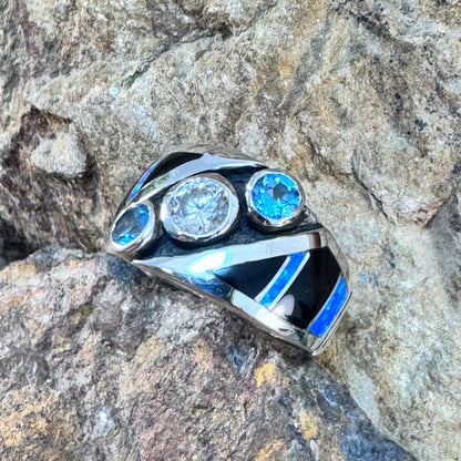 David Rosales Black Beauty Inlaid Sterling Silver Ring w/ CZ & Blue Topaz