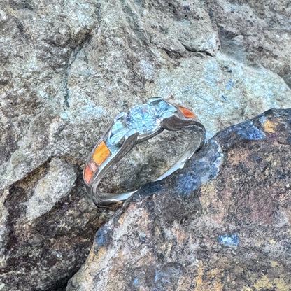 David Rosales Desert Fire Inlaid Sterling Silver Ring w/ Cubic Zirconia