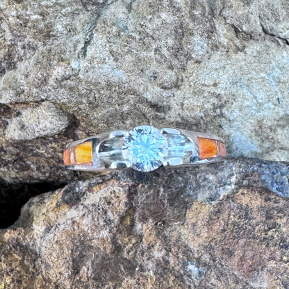 David Rosales Desert Fire Inlaid Sterling Silver Ring w/ Cubic Zirconia
