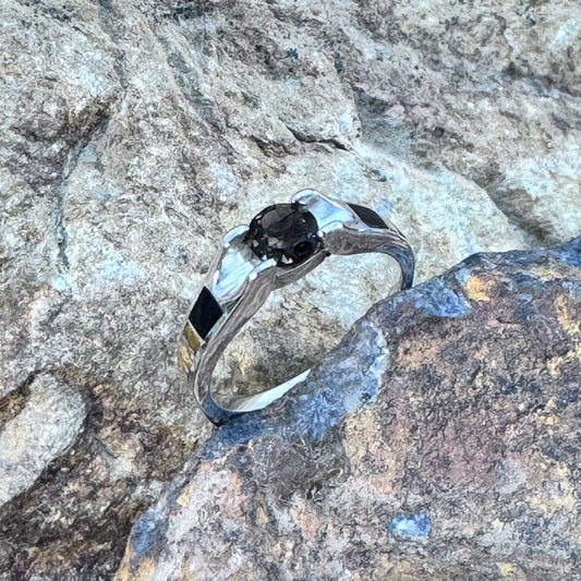 David Rosales Native Earth Inlaid Sterling Silver Ring w/ Smoky Topaz