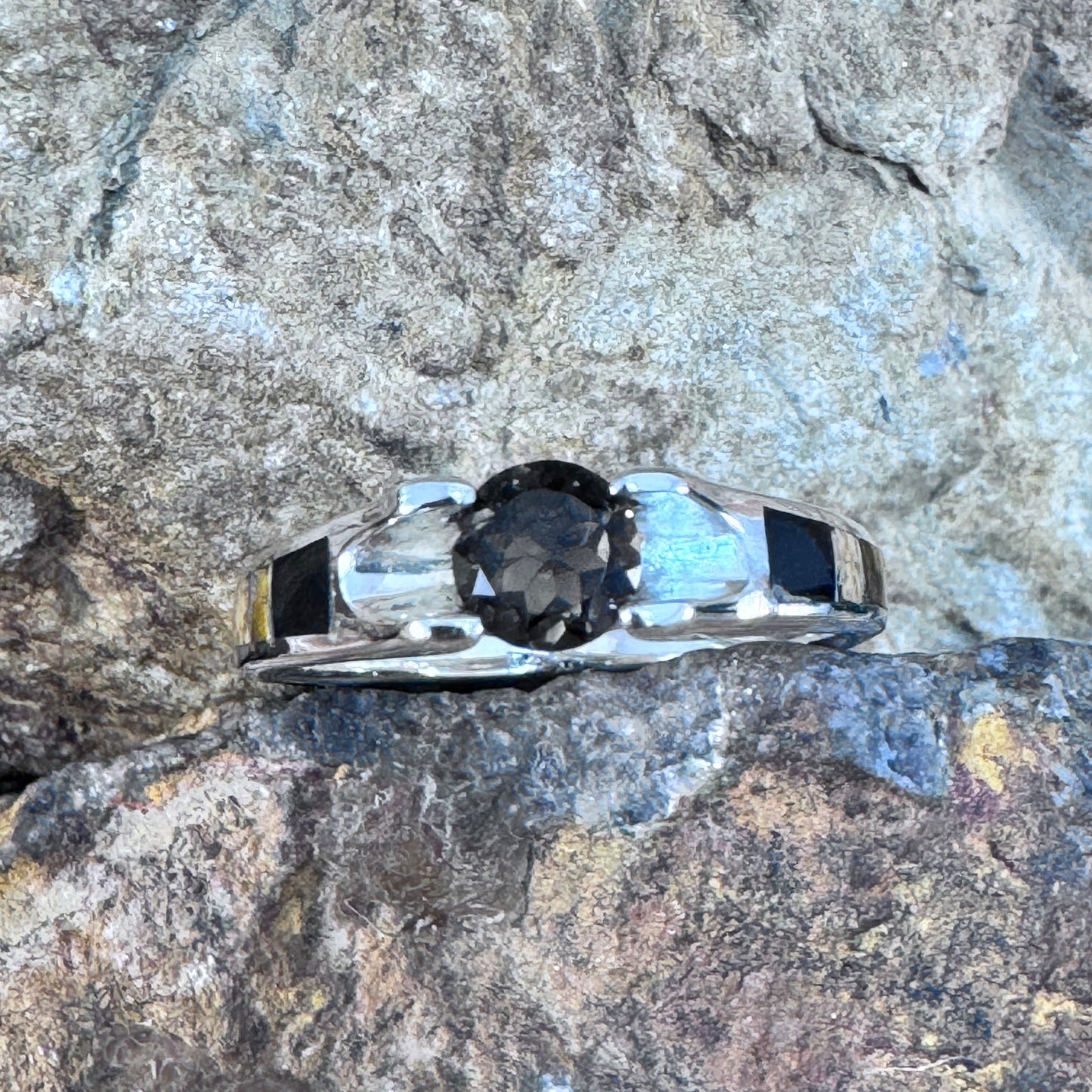 David Rosales Native Earth Inlaid Sterling Silver Ring w/ Smoky Topaz