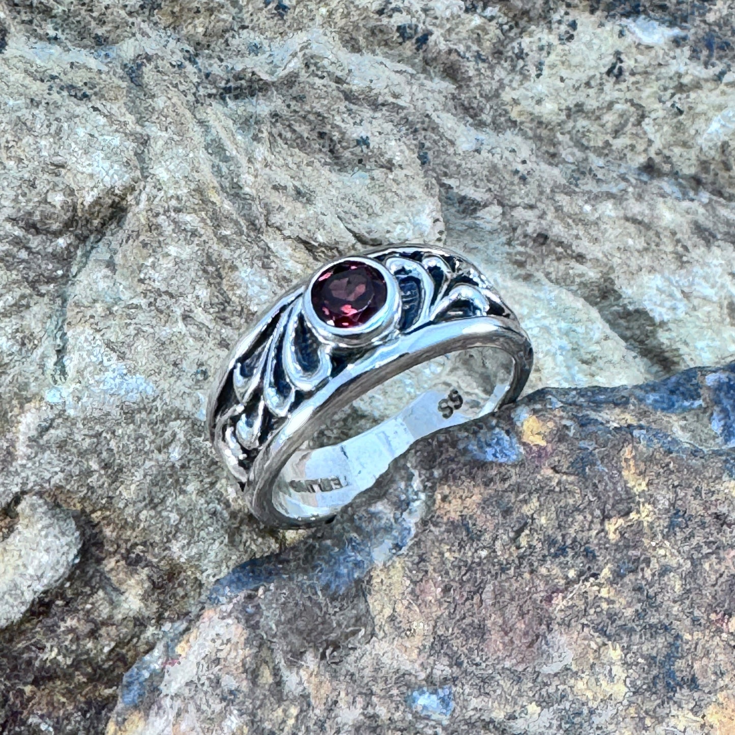 David Rosales Sterling Silver Country Scroll Ring w/ Red Garnet