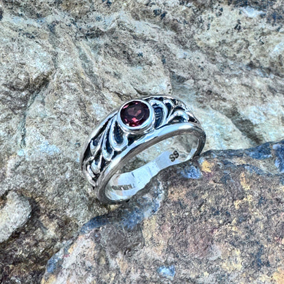David Rosales Sterling Silver Country Scroll Ring w/ Red Garnet