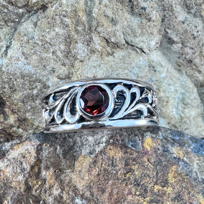 David Rosales Sterling Silver Country Scroll Ring w/ Red Garnet