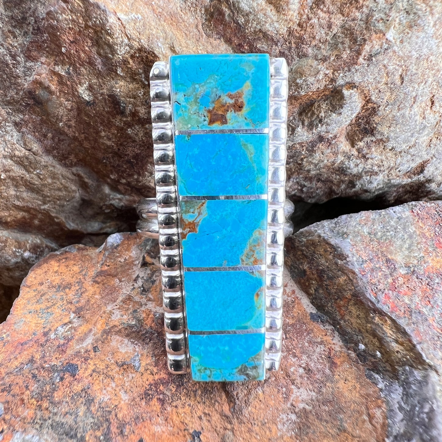Kingman Turquoise Inlay Ring by Wilbert Grey  - Size 9