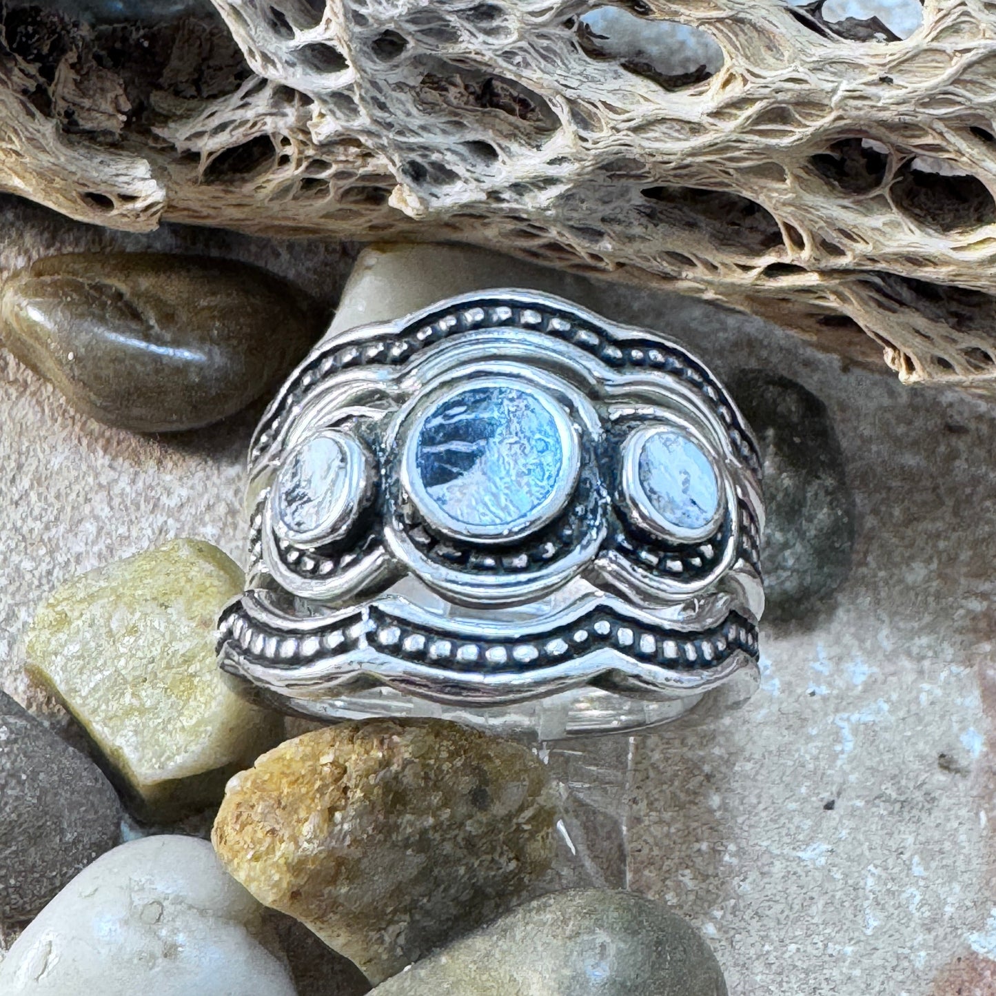 David Rosales 3-Piece White Buffalo & Sterling Silver Ring Set