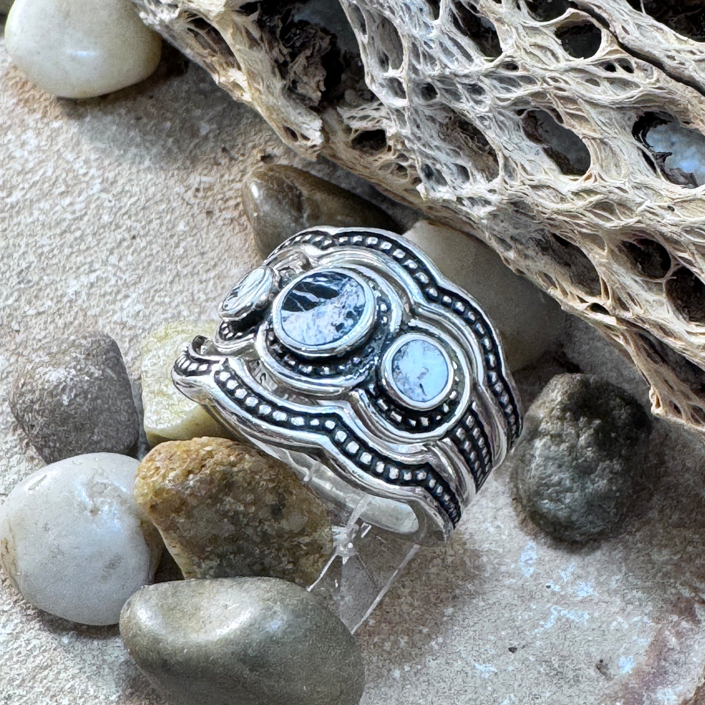 David Rosales 3-Piece White Buffalo & Sterling Silver Ring Set
