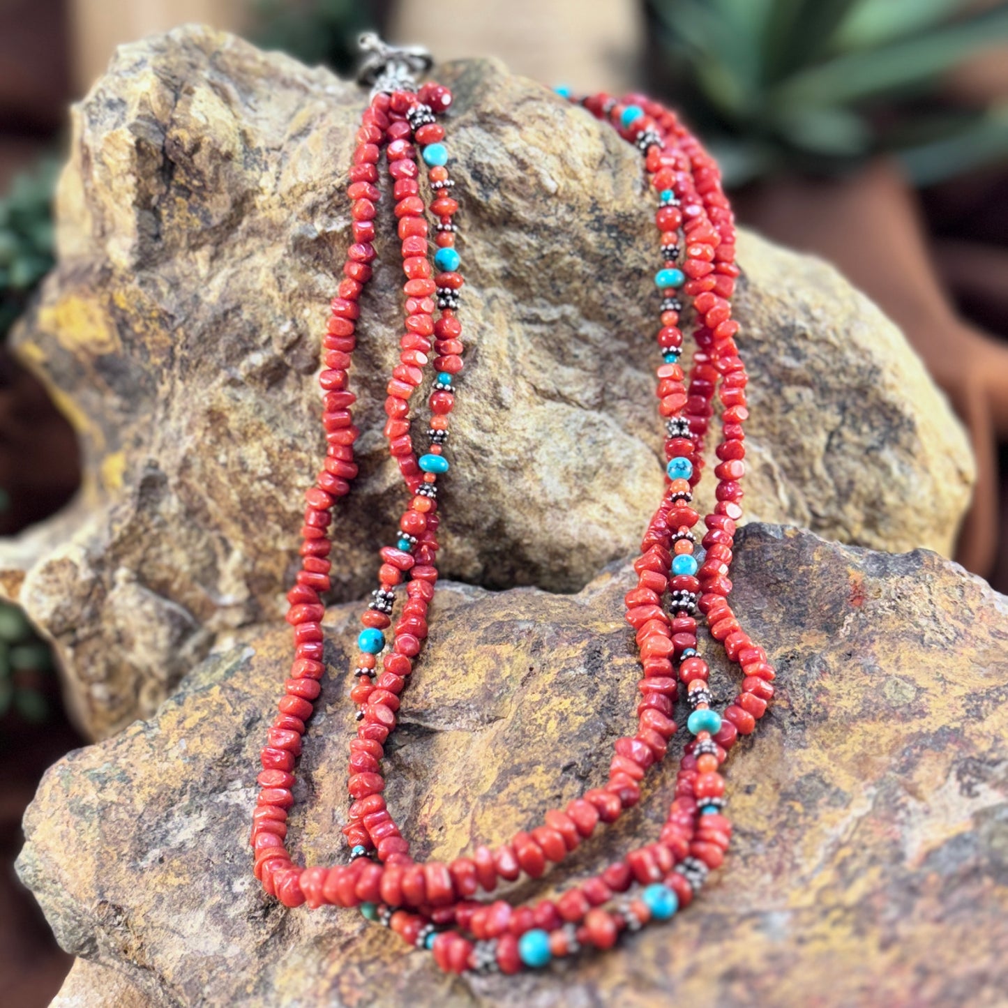Handmade Red Coral & Turquoise 3-Strand Necklace - Native American Made