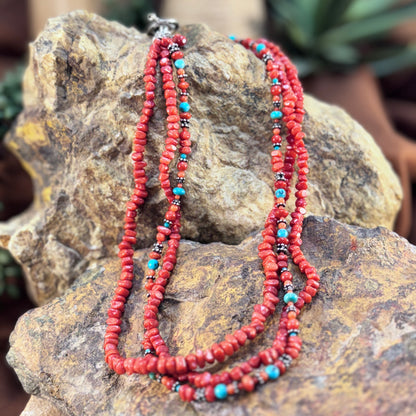 Handmade Red Coral & Turquoise 3-Strand Necklace - Native American Made