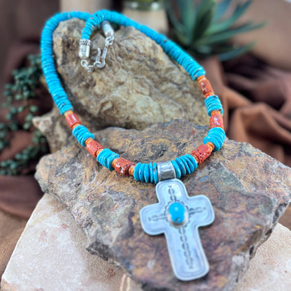 Turquoise & Coral Beaded Necklace with Sterling Cross – Don Lucas