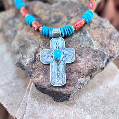 Turquoise & Coral Beaded Necklace with Sterling Cross – Don Lucas