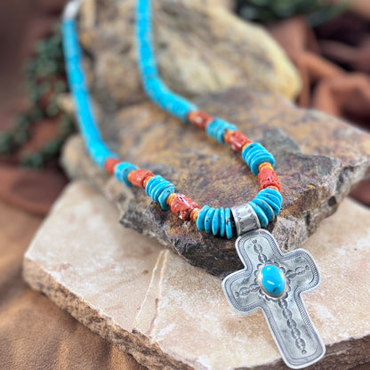 Turquoise & Coral Beaded Necklace with Sterling Cross – Don Lucas