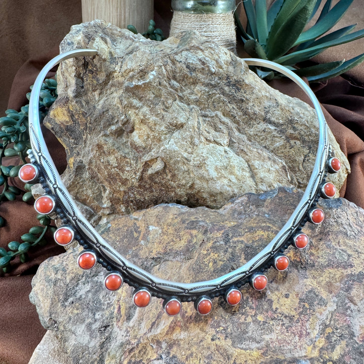 Navajo Sterling Collar Necklace with Red Coral Cabochons – Stamped HS