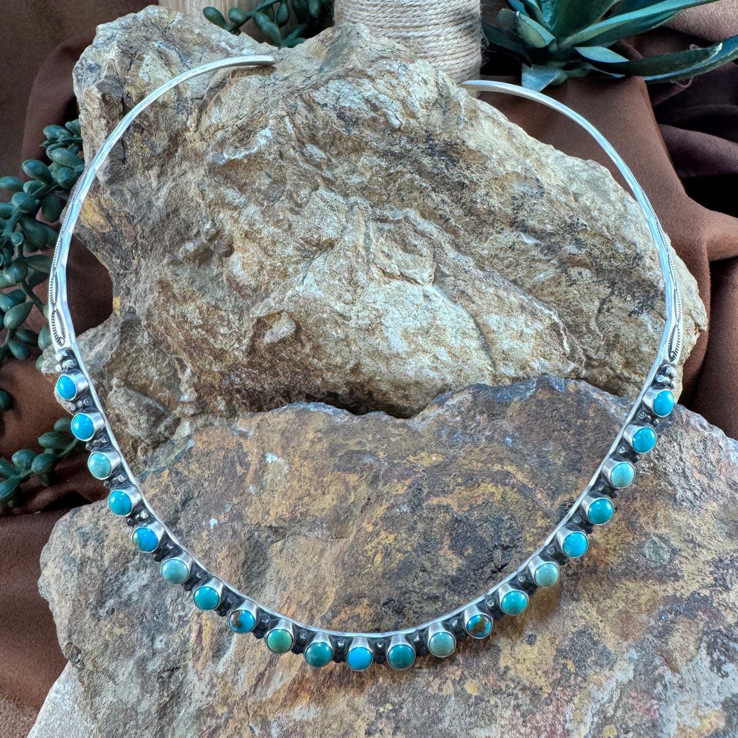 Navajo Sterling Collar with Mixed Turquoise – Stamped HS