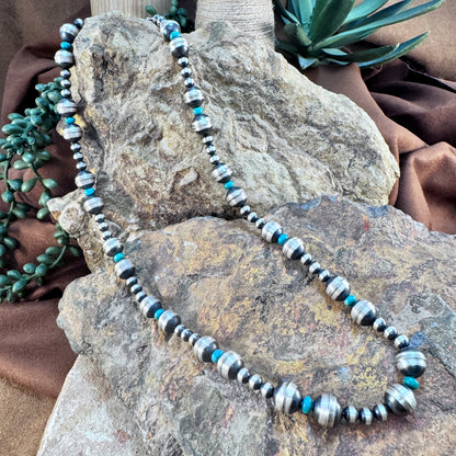 Navajo Pearls -  Sterling Bead Necklace with Kingman Turquoise