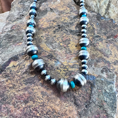 Navajo Pearls -  Sterling Bead Necklace with Kingman Turquoise
