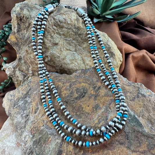 Navajo Pearls - 3-Strand Sterling Silver & Turquoise Bead Necklace