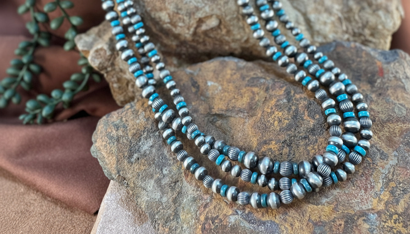 Navajo Pearls - 3-Strand Sterling Silver & Turquoise Necklace (Stamped Cones)