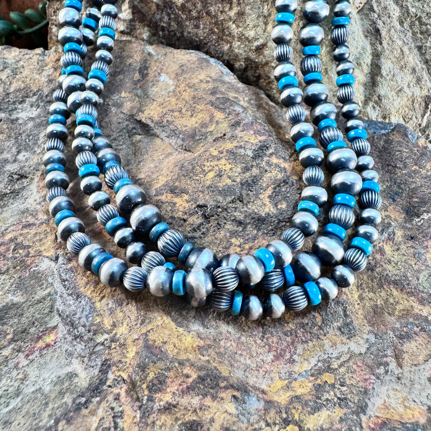 Navajo Pearls - 3-Strand Sterling Silver & Turquoise Necklace (Stamped Cones)