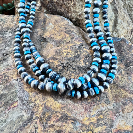 Navajo Pearls - 3-Strand Sterling Silver & Turquoise Necklace (Stamped Cones)